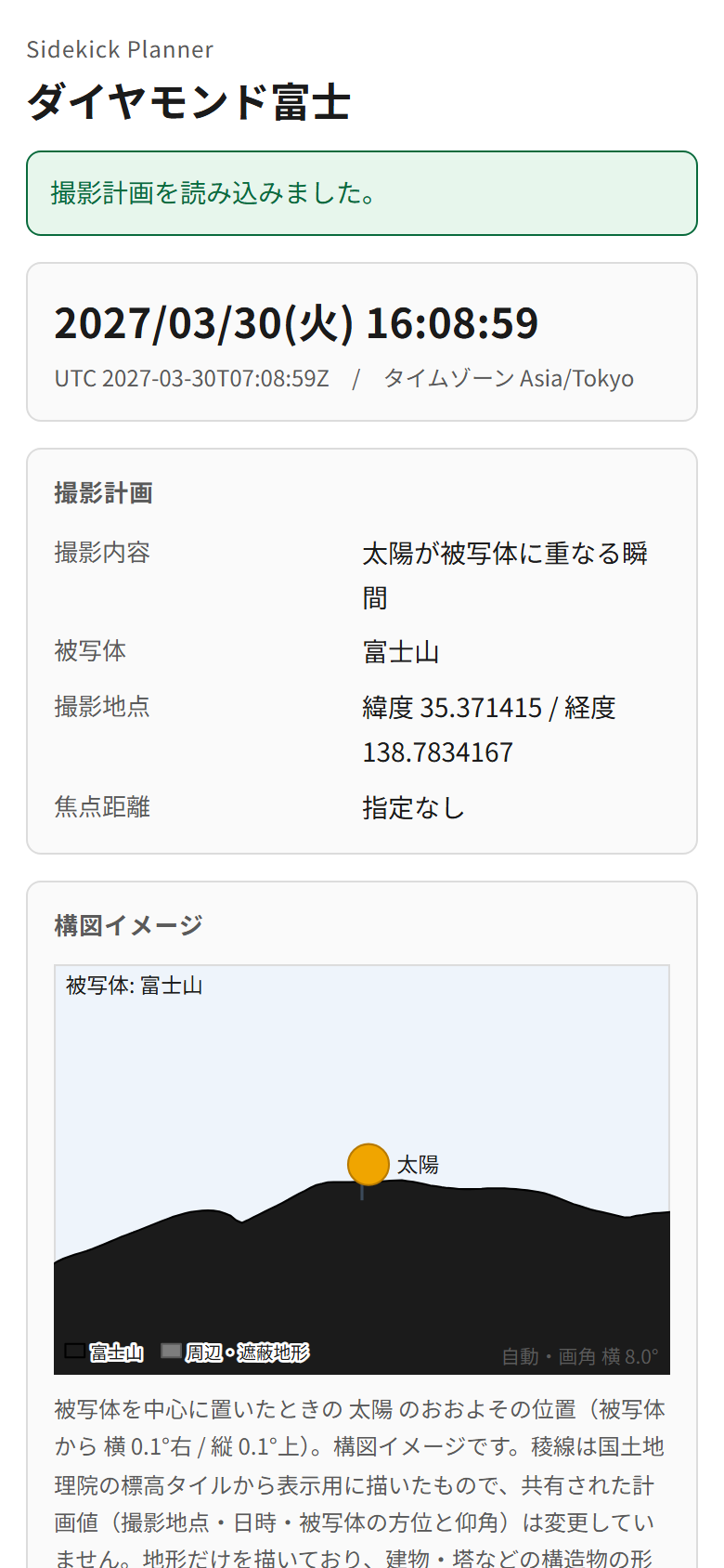 スマートフォン用ビューアーの画面。「ダイヤモンド富士」の見出し、2027/03/30(火) 16:08:59 の日時、撮影内容・被写体・撮影地点・焦点距離の表、そして被写体を中心にした構図イメージ。